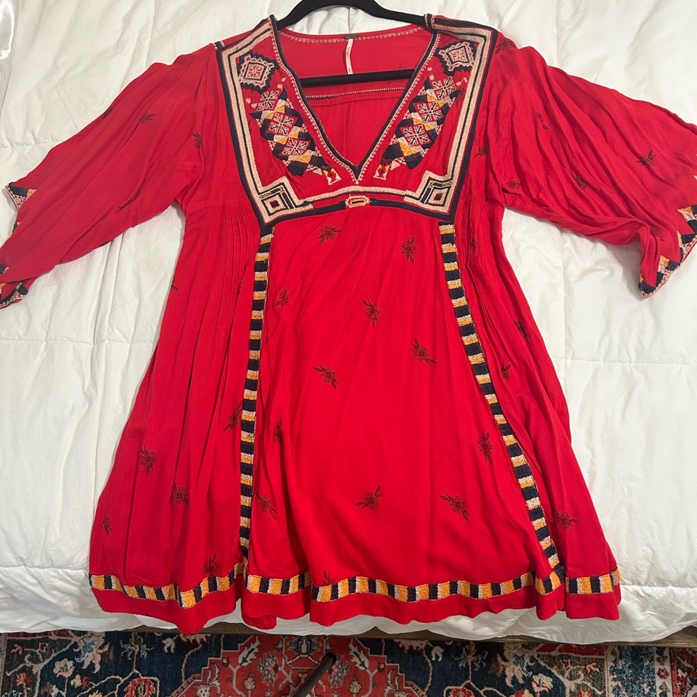 Free People Red Embroidered Long Sleeve Dress